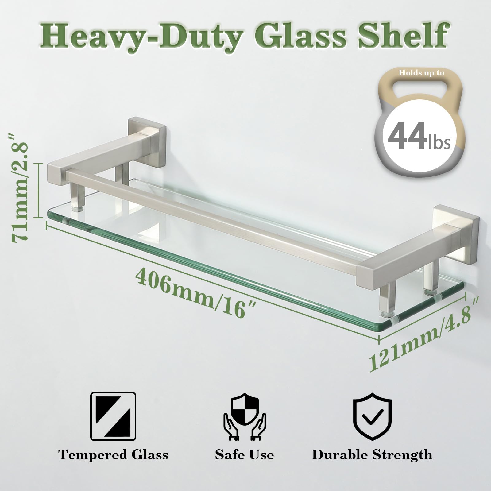 Alise Glass Bathroom Shelf, Brushed Nickel Tempered Glass Shelves For Bathroom, Stainless Steel Modern Bathroom Floating Shelves